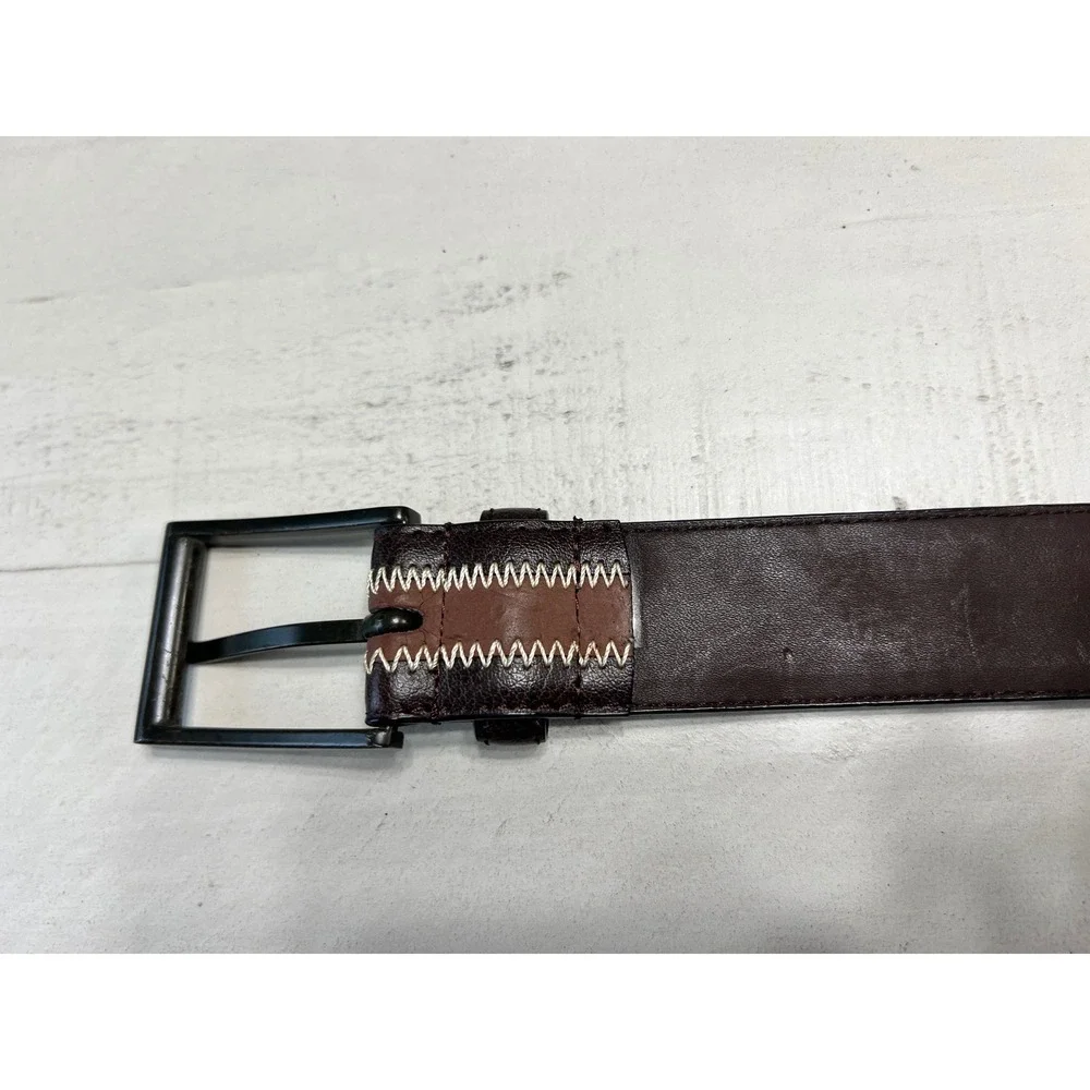 Mens Genuine Leather Two Tone Brown Zigzag Stitch Belt Size 38 018722210